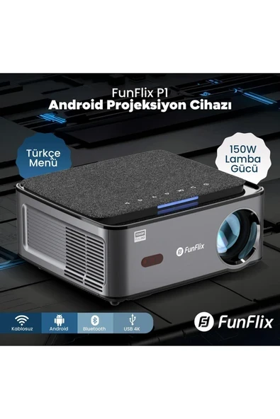 Funflix P1 Android 4K Destekli LED Full Hd Projeksiyon Cihazı, Bluetooth, 150W Lamba, 300 Inç Görüntü ürün görseli 1