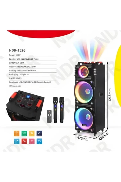 NDR-1526 15''x2 İNÇ 100 W OUTPUT POWER PARTİ ORGANİZASYON DÜĞÜN ETKİNLİK İKİ ADET MİKRAFON KUMANDA ürün görseli 1
