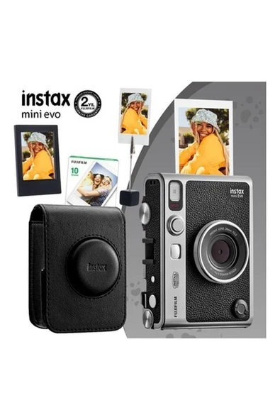 Instax Mini Evo Siyah Fotoğraf Makinesi 10'lu Film Deri Kılıf Çerçeve ve Kıskaçlı Stand ürün görseli 1
