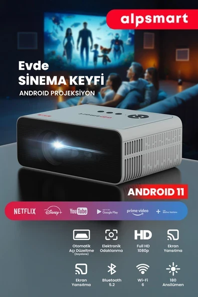 Taşınabilir Android projeksiyon cihazı, Wi-Fi, Bluetooth, Android 11, beyaz renk ürün görseli 1