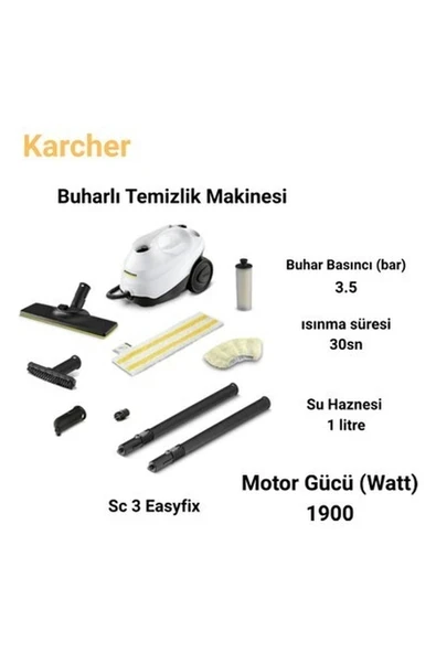 Karcher 1900 Watt ,30 Sn.de Isınan Su ile Sc 3 Easyfix Buharlı Temizlik Makinesi ürün görseli 1