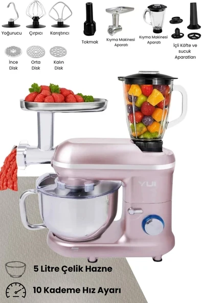 Çok fonksiyonlu 3'ü 1 arada stand mikser, kıyma ve blender seti, şık pembe renk ürün görseli 1