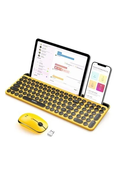 Seenda Yuvarlak Tuşlu Sevimli Kablosuz Klavye ve Mouse, Bluetooth 2.4g - Sarı/siyah ürün görseli 1