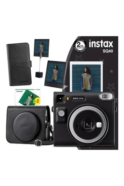 Instax SQ40 Siyah Fotoğraf Makinesi20'li Kare Film Deri Kılıf Albüm Pleksi Çerçeve ve Kıskaçlı Stand ürün görseli 1