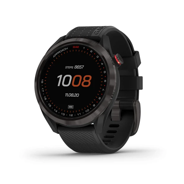Garmin Yaklaşım S42, GPS Golf Smartwatch, 1.2 ile hafif" Touchscreen, 42k + Yüklü Dersler, Gunmetal Seramik Bezel ve Black Silikon Grubu, 010-02572-10 ürün görseli 1