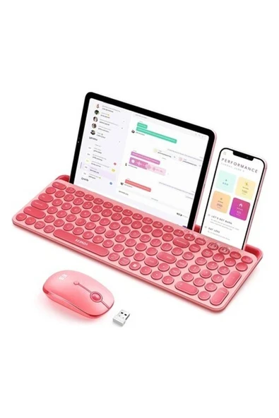 Seenda Yuvarlak Tuşlu Sevimli Kablosuz Klavye ve Mouse, Bluetooth 2.4g - Pembe ürün görseli 1