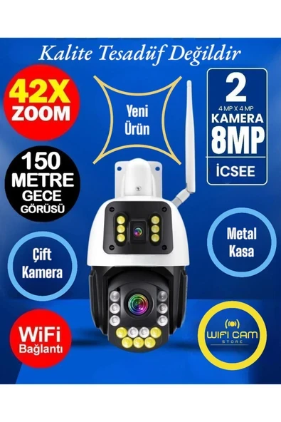İcsee 8 MP Çift Kameralı 42X Optik Zoom Metal Kasalı PTZ Wifi Kamera ürün görseli 1