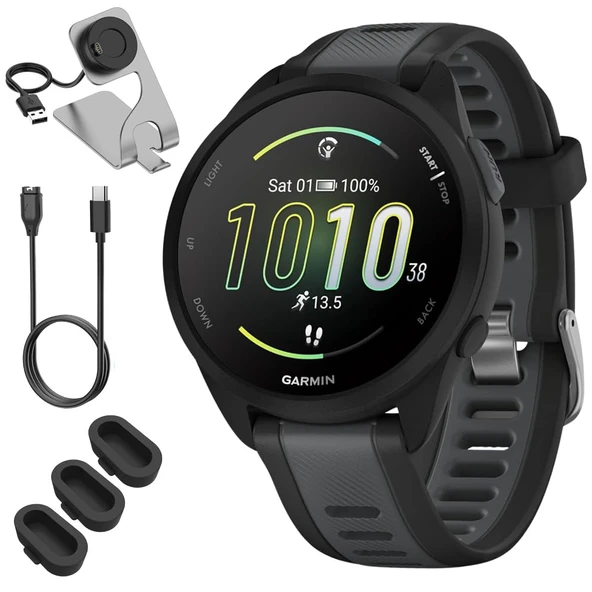 Garmin 010-02863-30 Forerunner 165 Music Smart Sport Watch, Black + Slate Gray Sche with Deco Essentials Şarj Dock, 3X Silikon Kapak ve USB Type C Şarj ve You Cable ürün görseli 1