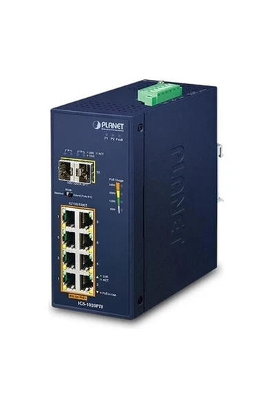 Planet PL-IGS-1020PTF 8 Port Gigabit Poe+ 2 Port Sfp 240W Poe Endüstriyel Yönetilebilir Switch ürün görseli 1