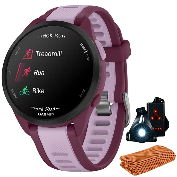 Garmin 010-02863-33 Forerunner 165 Music Smart Sport Watch, Berry + Lilac | Resmi ABD Ortak Modeli | Spor Havlusu + Deco Essentials Wearable Commuter Front ve Arka Güvenlik Işığı ürün görseli 1