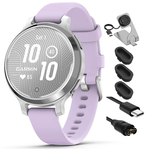 Garmin 010-02891-01 Lily 2 Active Smartwatch Silver with Mor Jasmine Silikon Bant Sche with Deco Essentials Şarj Dock, Silikon Dust Cover 3 Pack and USB Type C Şarj ve Sen Kablo ürün görseli 1