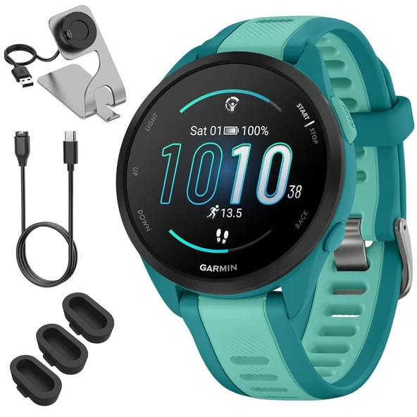 Garmin 010-02863-32 Forerunner 165 Music Smart Sport Watch, Turquoise + Aqua Sche with Deco Essentials Şarj Dock, 3X Silikon Toz Kapak ve USB Type C Şarj ve Sen Kablo ürün görseli 1