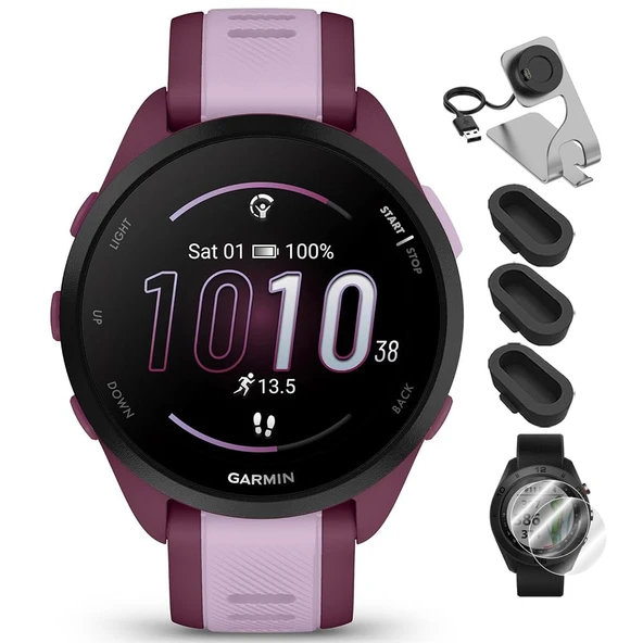 Garmin 010-02863-33 Forerunner 165 Music Smart Sport Watch Berry + Lilac Sche with Deco Essentials Şarj Dock, Silikon Dust Cover 3 Pack ve Ekran Koruyucu 1.2 inç 2 Pack için 2 Paket ürün görseli 1