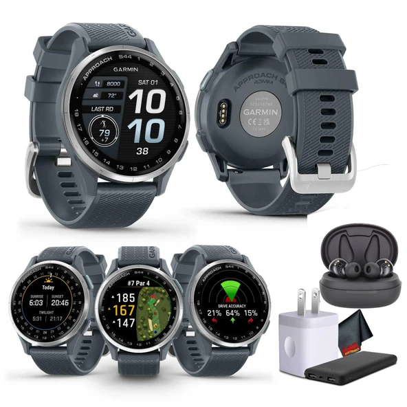 Garmin Approach S44 Essential Golf Watch with GPS, AMOLED Ekran, Spor ve Fitness Smartwatch, Silver Alüminyum Bezel with Twilight Silikon Band with Wireless Air Buds ürün görseli 1