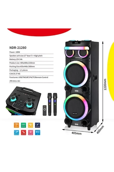 NDR-21280 12''x2 İNÇ 100 W OUTPUT POWER PARTİ ORGANİZASYON DÜĞÜN ETKİNLİK İKİ ADET MİKRAFON KUMANDA ürün görseli 1