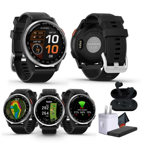 Garmin Approach S44 Essential Golf Watch with GPS, AMOLED Ekran, Spor ve Fitness Smartwatch, Silver alüminyum Bezel with Black Silikon Band with Wireless Air Buds ürün görseli 1