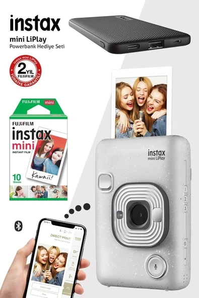 Instax Mini Liplay Hybrid Stone White Fotoğraf Makinesi - 10'lu Mini Film ve Powerbank ürün görseli 1