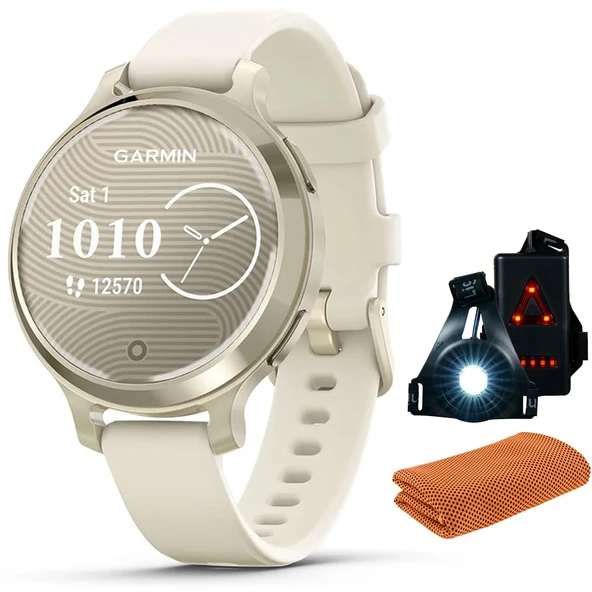 Garmin 010-02891-00 Lily 2 Active Smartwatch Ay Gold with Bone silikon Band Sche with Workout Soğutma Sport Havlu ve Deco Essentials Wearable Commuter Front and Arka Safety Light ürün görseli 1