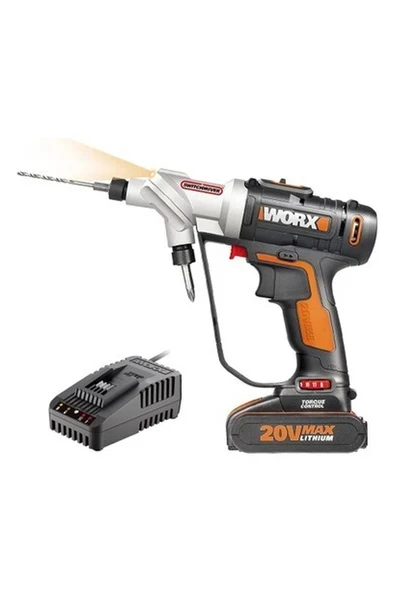 Worx WX176.9C 20VOLT/2.0AH Li-Ion Döner Kafa ve Çift Mandrenli Profesyonel Şarjlı Matkap + 16 Parça Uç ürün görseli 1