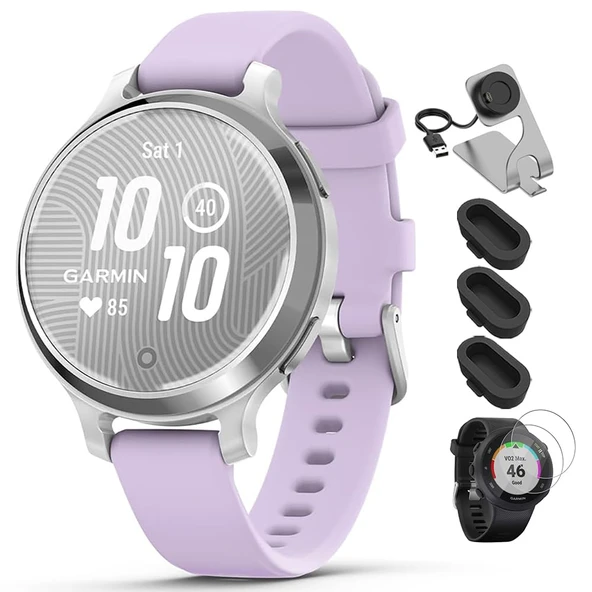 Garmin 010-02891-01 Lily 2 Active Smartwatch Silver with Mor Jasmine silikon Band Sche with Deco Essentials Şarj Dock, Silikon Dust Cover 3 Pack ve Tempered Glass Ekran Koruyucu 2 Pack ürün görseli 1