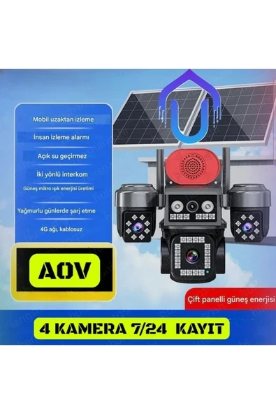 4 Kameralı Çift Panelli 4G Solar Kamera AOV Teknolojisi 7/24 Kayıt ürün görseli 1