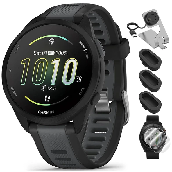Garmin 010-02863-30 Forerunner 165 Music Smart Sport Watch Black + Slate Gray Sche with Deco Essentials Şarj Dock, Silikon Dust Cover 3 Pack ve Ekran Koruyucu 1.2 inç 2 Pack için 2 Paket ürün görseli 1