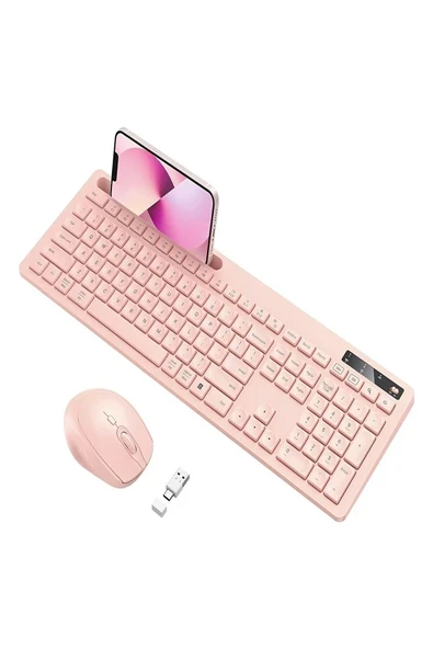 Vivefox Kablosuz Klavye ve Mouse - Telefon Tutuculu USB Type-C - Bebek Pembesi ürün görseli 1