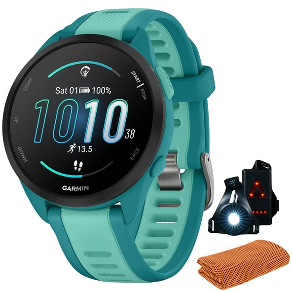 Garmin 010-02863-32 Forerunner 165 Music Smart Sport Watch, Turquoise + Aqua Sche with Workout Soğutma Sport Havlu ve Deco Essentials Wearable Commuter and Tu Safety Light Light ürün görseli 1
