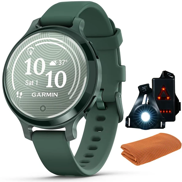 Garmin 010-02891-02 Lily 2 Active Smartwatch Jasper Green ile Jasper Green Silikon Bantları İşout Soğutma Spor Havlusu ve Deco Essentials Wearable Commuter Front ve Arka Güvenlik Işık Işık Işıkları ürün görseli 1
