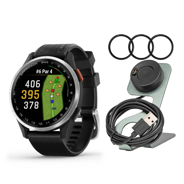 Garmin Approach S44 GPS AMOLED Golf Smartwatch (Silver Alüminyum Bezel, Black Silikon Band) Focus Camera Portable Şarj Stand ve Focus Glass Ekran Koruyucu Film (3-Pack) (3) (3) ürün görseli 1