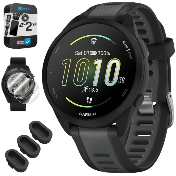 Garmin 010-02863-30 Forerunner 165 Music Smart Sport Watch, Black + Slate Gray Sche ile Silikon Dust Cover 3 Pack, 2X 1.2 inç Ekran Koruyucu ve 2 YR CPS Geliştirilmiş Koruma Paketi ürün görseli 1