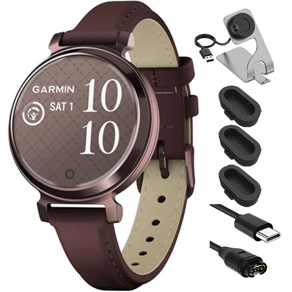 Garmin 010-02208-03 Lily 2 Classic Dark Bronze with Mulberry Deri Band Smartwatch Sche with Deco Essentials Şarj Dock, Silikon Dust Cover 3 Pack and USB Type C Şarj ve Sen Cable ürün görseli 1