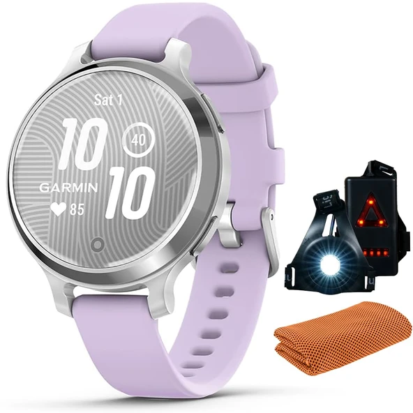 Garmin 010-02891-01 Lily 2 Active Smartwatch Silver with Mor Jasmine silikon Band Sche with Workout Soğutma Sport Havlu ve Deco Essentials Wearable Commuter Front and Arka Safety Light ürün görseli 1