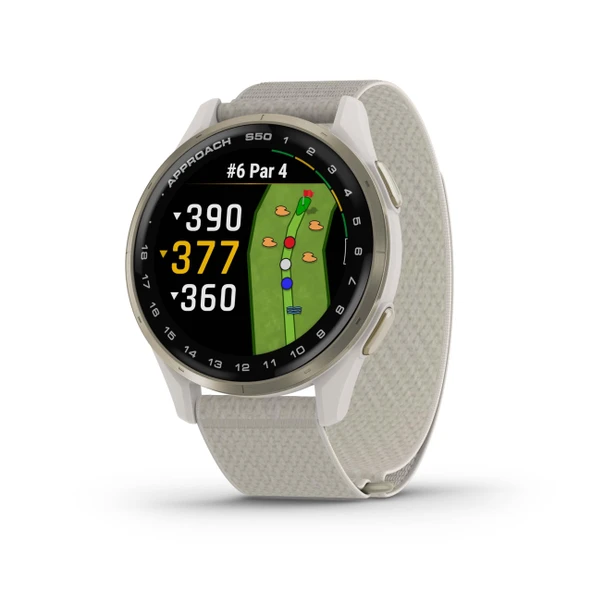 Garmin Approach® S50, Advanced Golf GPS Smartwatch, AMOLED Ekran, On-, Özellikler, Bile-Based Heart Rate, Cream Gold Alüminyum Bezel with Ivory ComfortFit ürün görseli 1