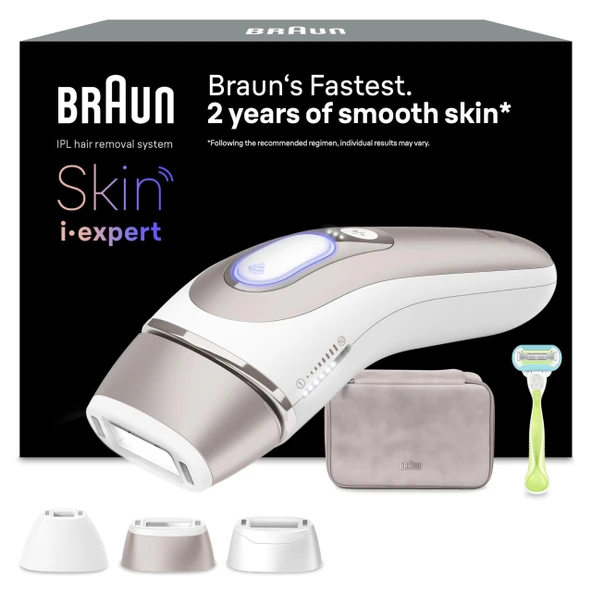 Braun Smart IPL 7 Skin i·expert - IPL cihazı evde epilasyon, kalıcı ve ağrısız epilasyon - ücretsiz uygulama, çanta, Venus tıraş makinesi, 3 akıllı aparat dahil - PL7253, beyaz/pembe altın ürün görseli 1