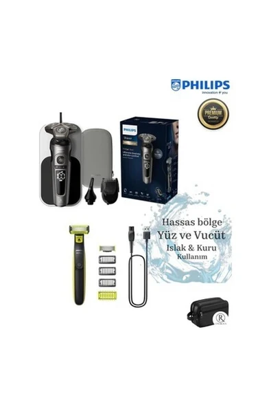Philips SIfır Traş-Burun Vucüt Erkek Bakım Seti- Premium Kablosuz, 7 yıl motor ve pil ömrü SP9872/22 9000 Serisi Islak Kuru Tıraş Makinesi+One Blade Hafif Pratik Traş ürün görseli 1