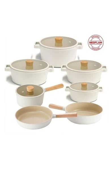 Neoflam Fika Alüminyum Döküm Cam Kapaklı 12 Parça Tencere & Tava Seti Bej 26 Wok 26 Tava ürün görseli 1