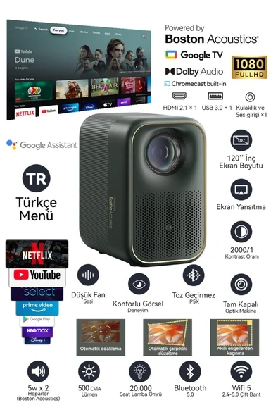 Xming Page One Projeksiyon Cihazı, Google TV, 500 CVIA Lümen, Dolby Vision  & Audio, HDMI 2 ürün görseli 1