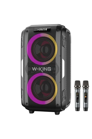 W-Kıng T9PRO Çift Mikrofonlu Bluetooth Hoparlör 250W Işıklı Karaoke Partybox Ipx5 Kablosuz Ses Bombası Siyah ürün görseli 1