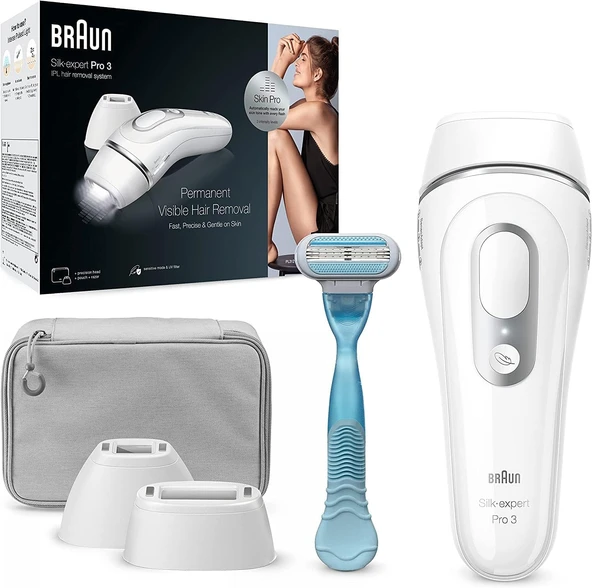 Braun IPL Silk Expert Pro 3 kadın/erkek epilasyon cihazı, 2 aparat, görünür epilasyon, Almanya'da tasarlandı, Venus tıraş makinesi, lazer epilasyona alternatif, PL3121, beyaz/gümüş ürün görseli 1