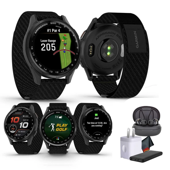 Garmin Approach S50 Advanced Golf Watch with GPS, AMOLED Ekran, Spor ve Fitness Smartwatch, Slate alüminyum Bezel with Black ComfortFit Clean Band Sche with Wireless Air Buds ürün görseli 1