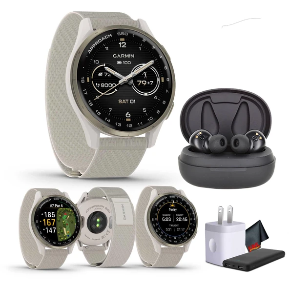 Garmin Approach S50 Advanced Golf Watch with GPS, AMOLED Display, Sports and Fitness Smartwatch, Cream Gold alüminyum Bezel with Ivory Comfort Fit:56 Band Sche with Wireless Air Buds ürün görseli 1
