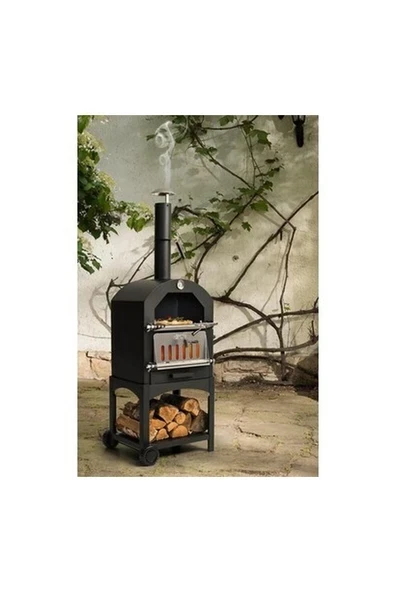 Somineco Tekerlekli Kömürlü Dikdörtgen Ahşap Sehpalı Bbq Dökme Demir Kömürlü Mangal Barbekü Izgara 1813-24S ürün görseli 1