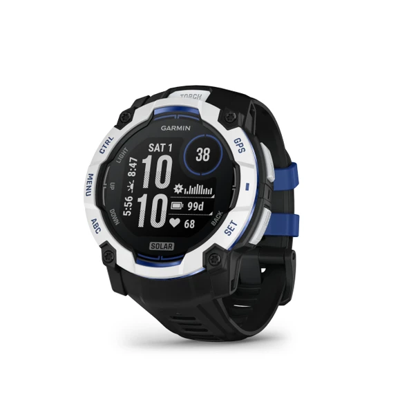 Garmin Instinct® 3 – 50 mm, Solar, Rugged Açık GPS Smartwatch, built-in Flashlight, Supernova Collection Limited Edition Color, Whitestone with Black/Bolt Blue Silikon Band Band Band ürün görseli 1