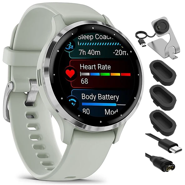 Garmin 010-02785-01 Venu 3S Health Fitness GPS Smartwatch Steel Bezel with Sage Gray Case 41mm Sche with Şarj Dock, Silikon Cover 3 Pack and USB Type C Şarj ve You Cable ürün görseli 1