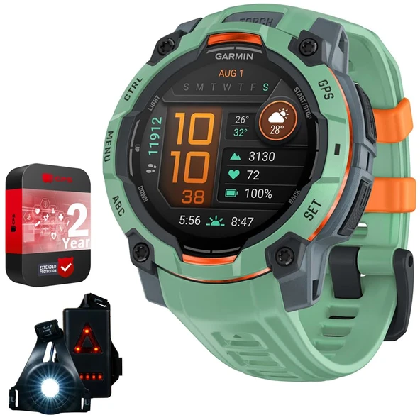Garmin Instinct 3 45mm Açık GPS Smartwatch, AMOLED, Neo Tropic w/Neo Tropic Band 010-02936-01 Sche with 2 YR CPS Geliştirilmiş Koruma Paketi & Deco Essentials Wearable Safety Light ürün görseli 1