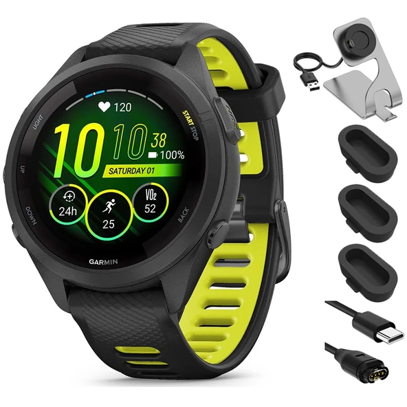 Garmin 010-02810-03 Forerunner 265S GPS Smartwatch Black/Amp Yellow Sche with Deco Essentials Şarj Dock, Silikon Dust Cover 3 Pack ve USB Type C Şarj Kablosu ürün görseli 1