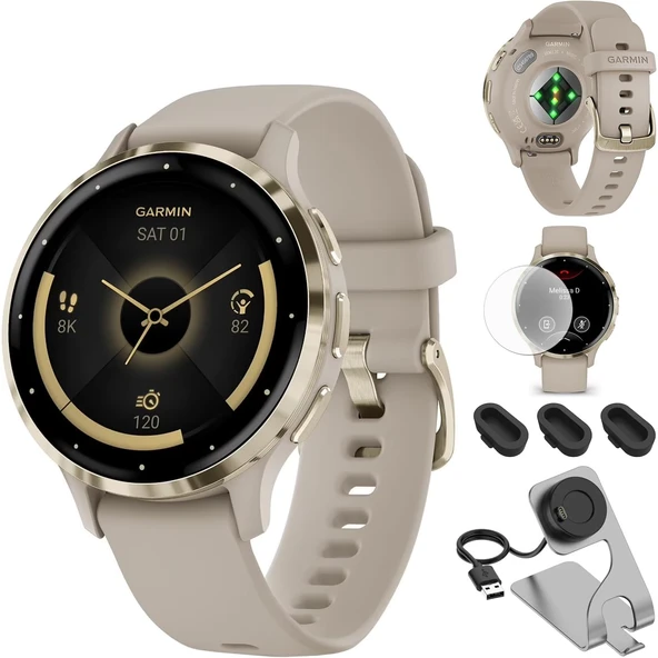 Garmin 010-02785-02 Venu 3S Health Fitness GPS Smartwatch Gold Steel Bezel with French Gray Case 41mm Sche with Deco Essentials Şarj Dock, Dust Cover 3 Pack ve 2Pack Ekran Koruyucu ürün görseli 1