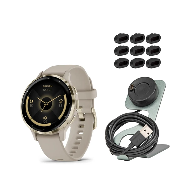 Garmin Venu 3S Soft Gold Paslanmaz Çelik Bezel Smartwatch with 41mm Ivory Case and Silikon Band Sche with Şarj Stand Smartwatches and Focus Şarj Port Protectors (9-Pack) (3 Madde) ürün görseli 1