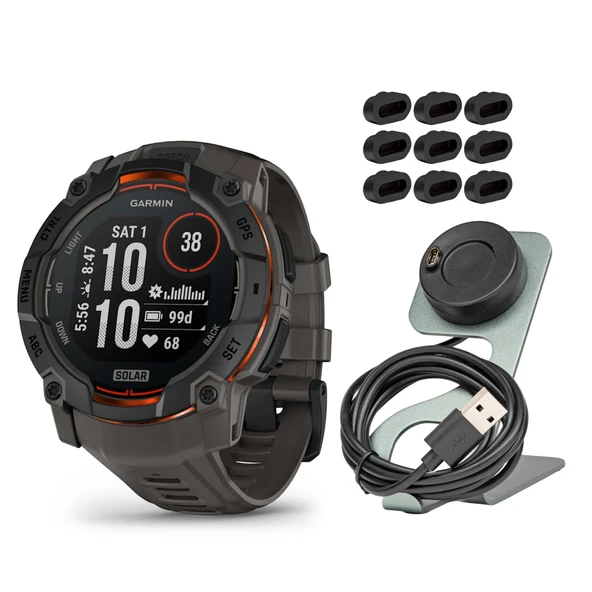 Garmin Instinct 3 50mm Solar GPS yerleşik Flashlight (Black with Charcoal Band) Sche with Focus Camera Portable Şarj Stand and Focus Şarj Port Protectors (9-Pack) (3 Madde) ürün görseli 1
